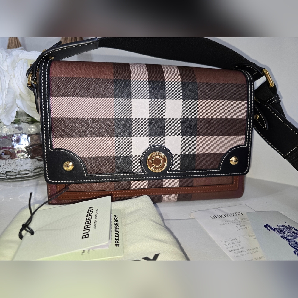 Burberry Giant Check & Leather Note  Crossbody bag Birch Brown with Reciept